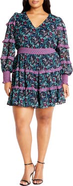 City Chic Hollie Print Long Sleeve Tiered Dress