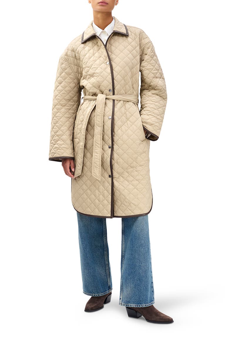 Kelly Oversize Faux Leather Trim Quilted Jacket, Main, color, TAN