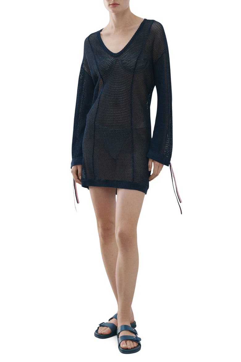 Open Knit Long Sleeve Minidress, Main, color, NAVY