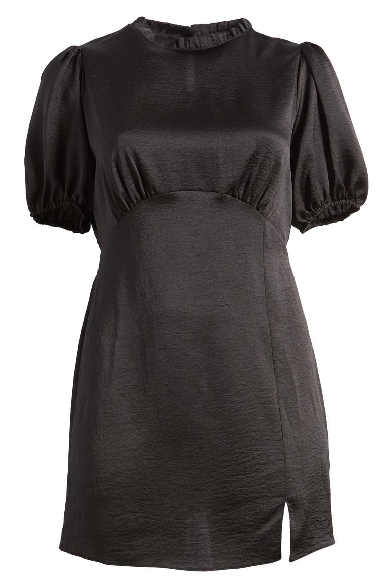 Curve Ruffle Neck Puff Sleeve Satin A-Line Dress, Main, color, BLACK