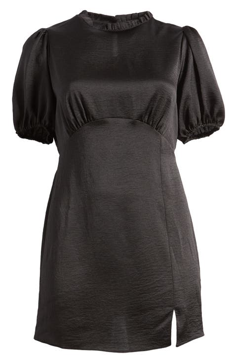 Curve Ruffle Neck Puff Sleeve Satin A-Line Dress