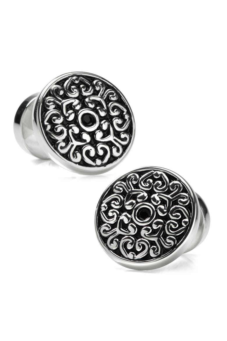 Filigree Round Cuff Links, Main, color, BLACK
