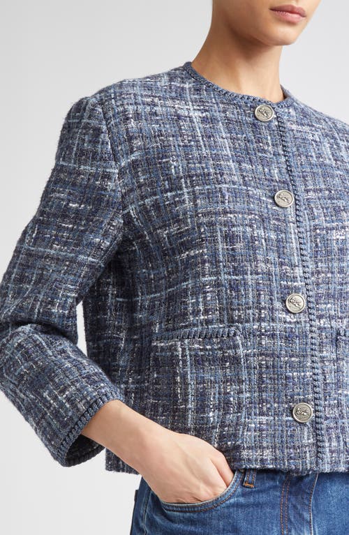 Etro Single-breasted Tweed Crop Jacket In Blue