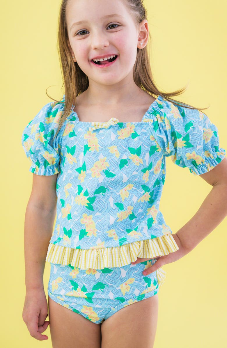 RuffleButts Kids' Blooming Basket Puff Sleeve Ruffle Two-Piece Swimsuit, Alternate, color, Blue