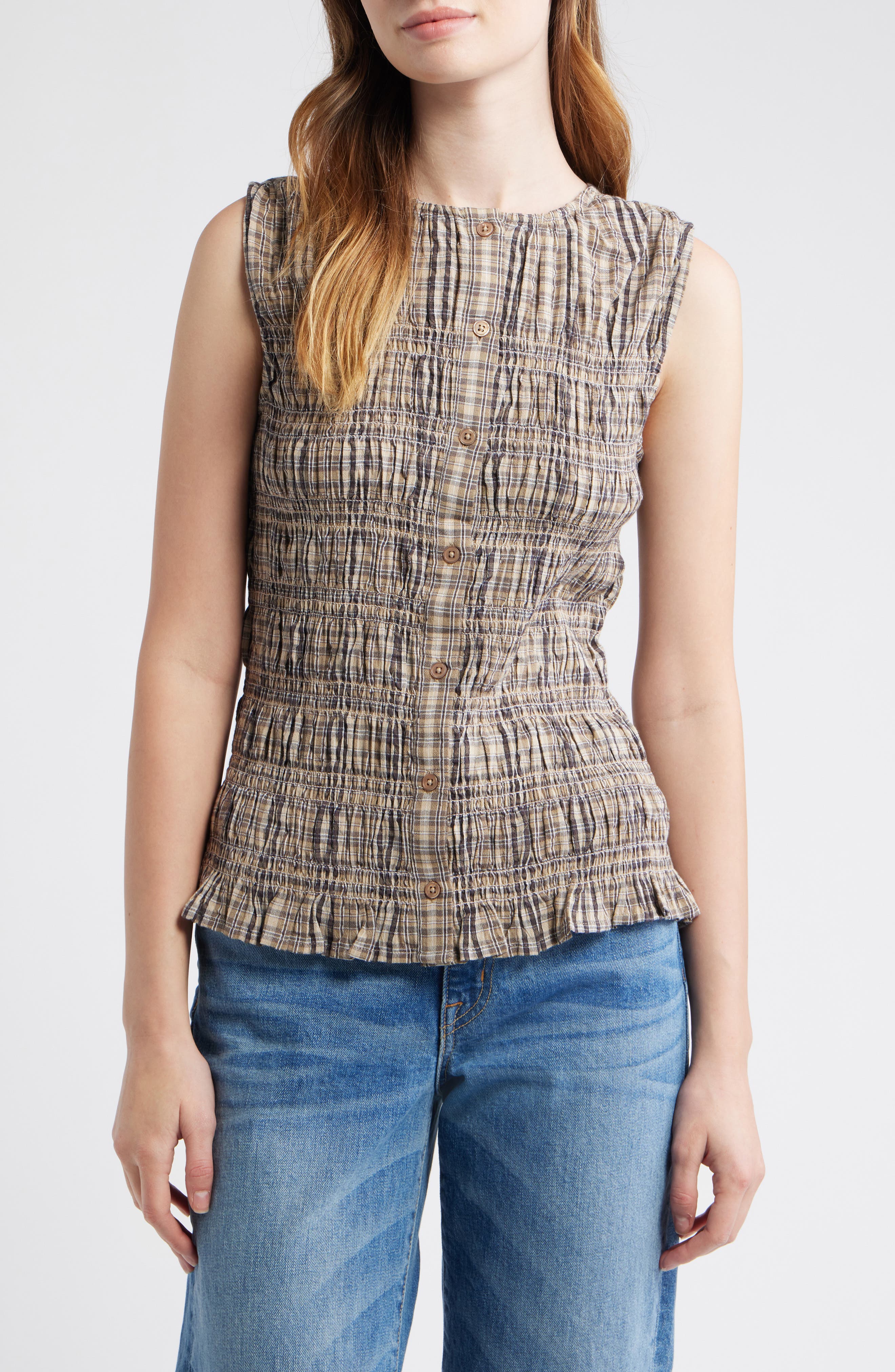 Smocked Gingham Cotton Button-Up Shirt