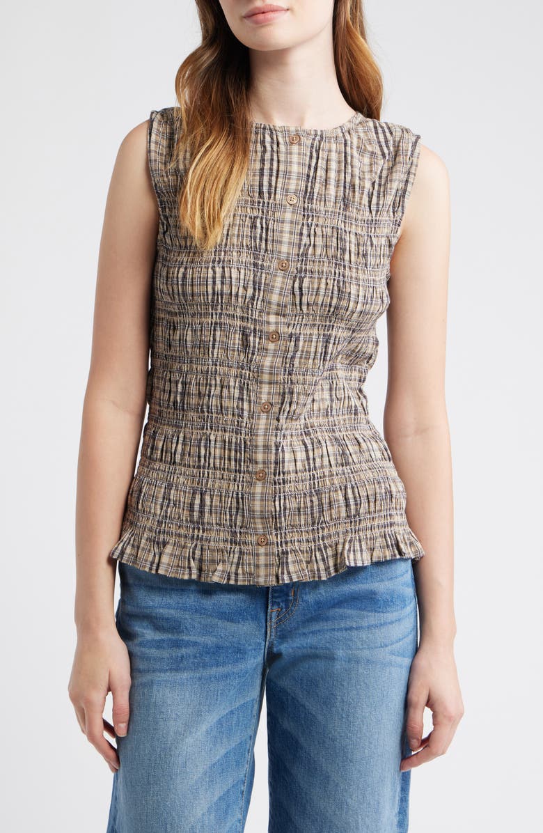 NEXT Smocked Gingham Cotton Button-Up Shirt, Main, color, Neutral