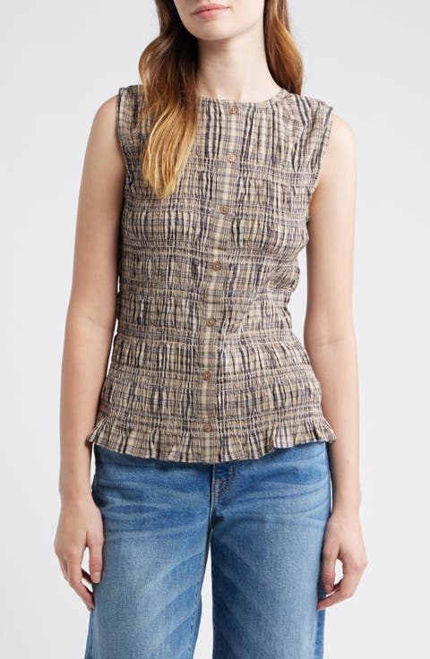 Smocked Gingham Cotton Button-Up Shirt