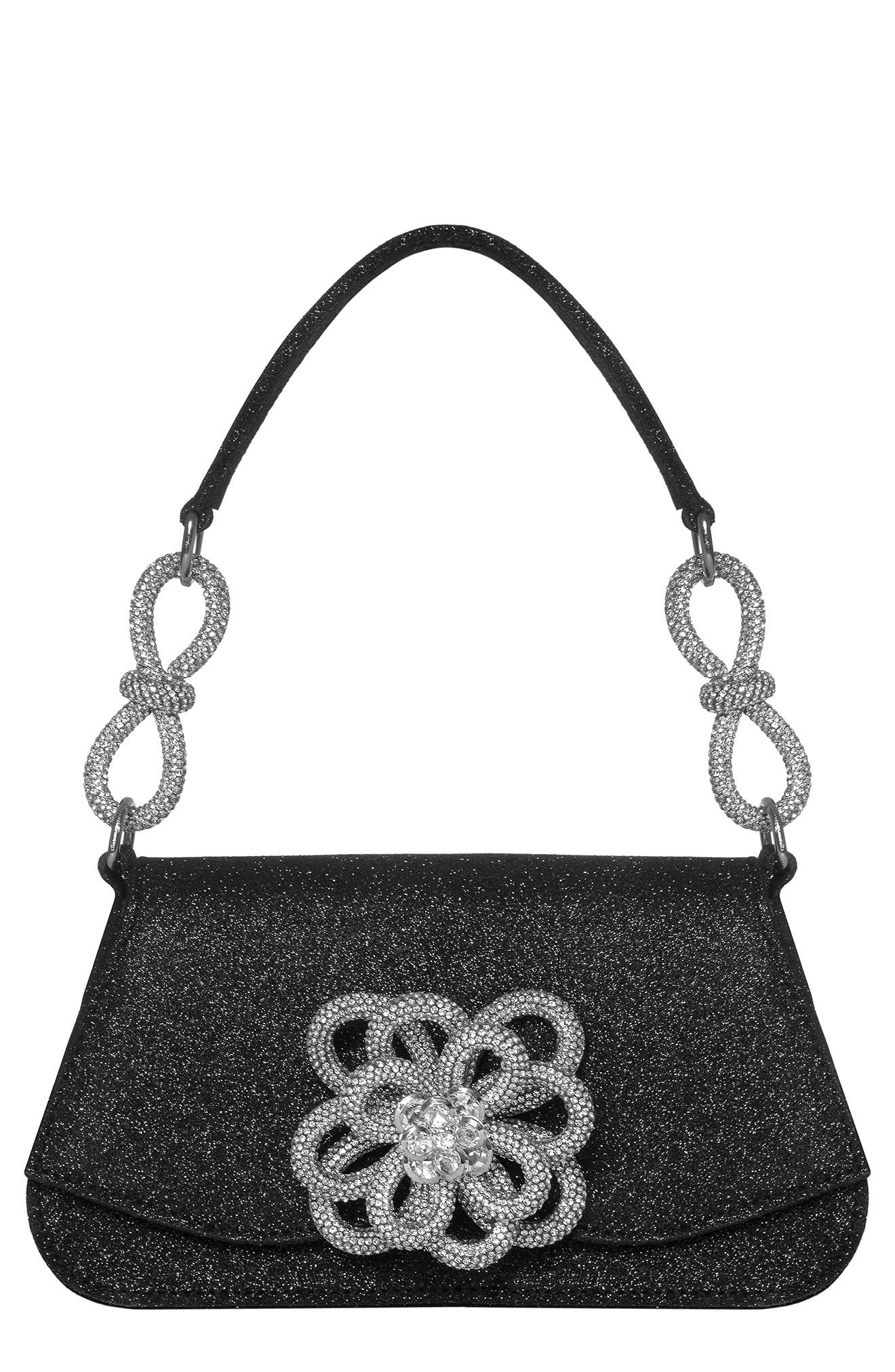Mach & Mach Medium Carrie Crystal Flower Glitter Shoulder Bag, Main, color, 