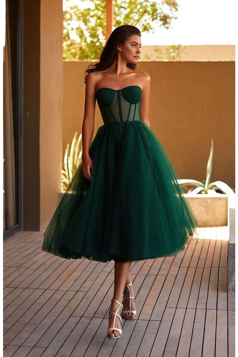 Strapless Puffy Tulle Midi Formal Occasion Dress in Emerald Green, Main, color, Emerald Green