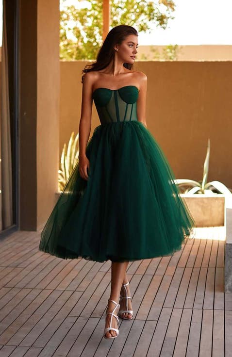 Strapless Puffy Tulle Midi Formal Occasion Dress in Emerald Green