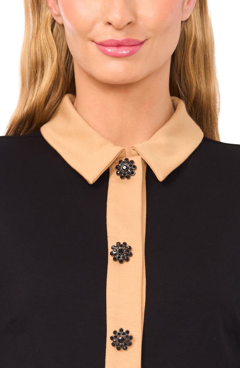 CeCe Crystal Button Knit Button-Up Shirt, Alternate, color, Rich Black