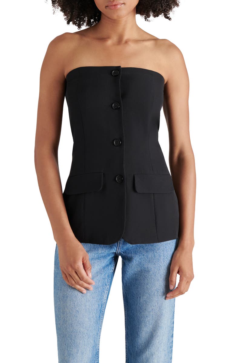 Steve Madden Emerald Strapless Button-Up Top, Main, color, Black