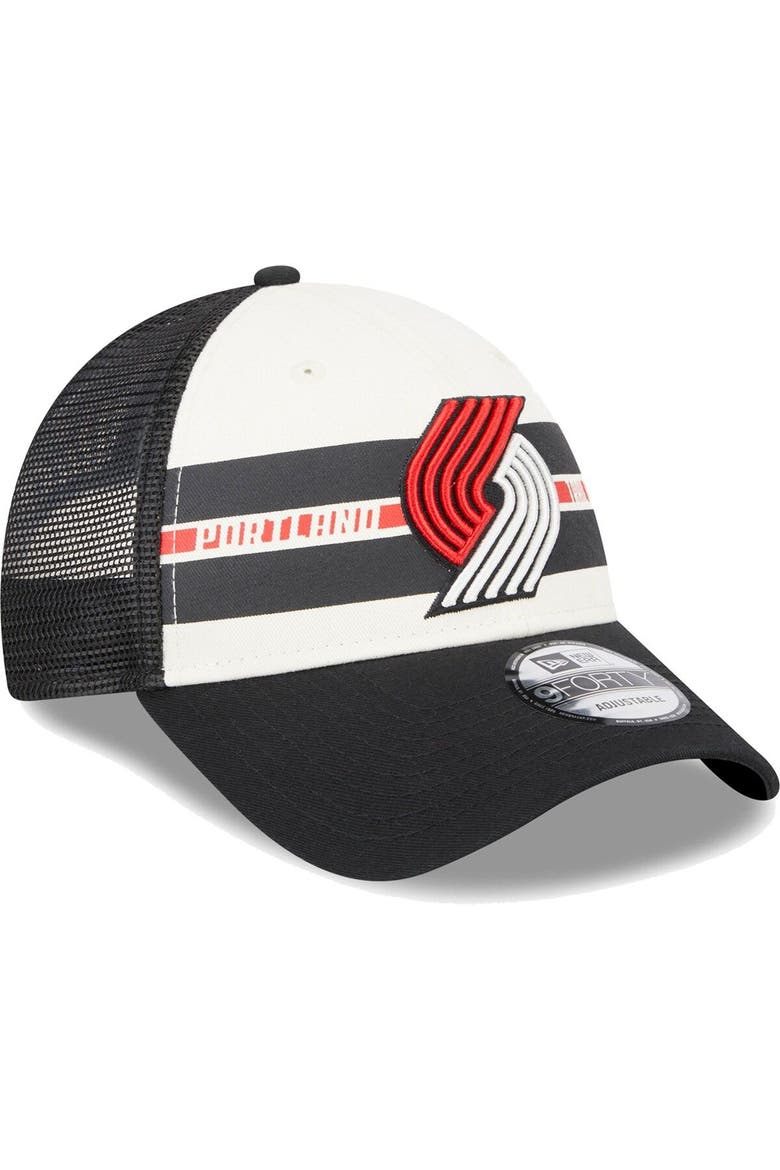 Men's New Era Portland Trail Blazers Black Stripes 9FORTY Trucker Snapback Hat, Alternate, color, Black