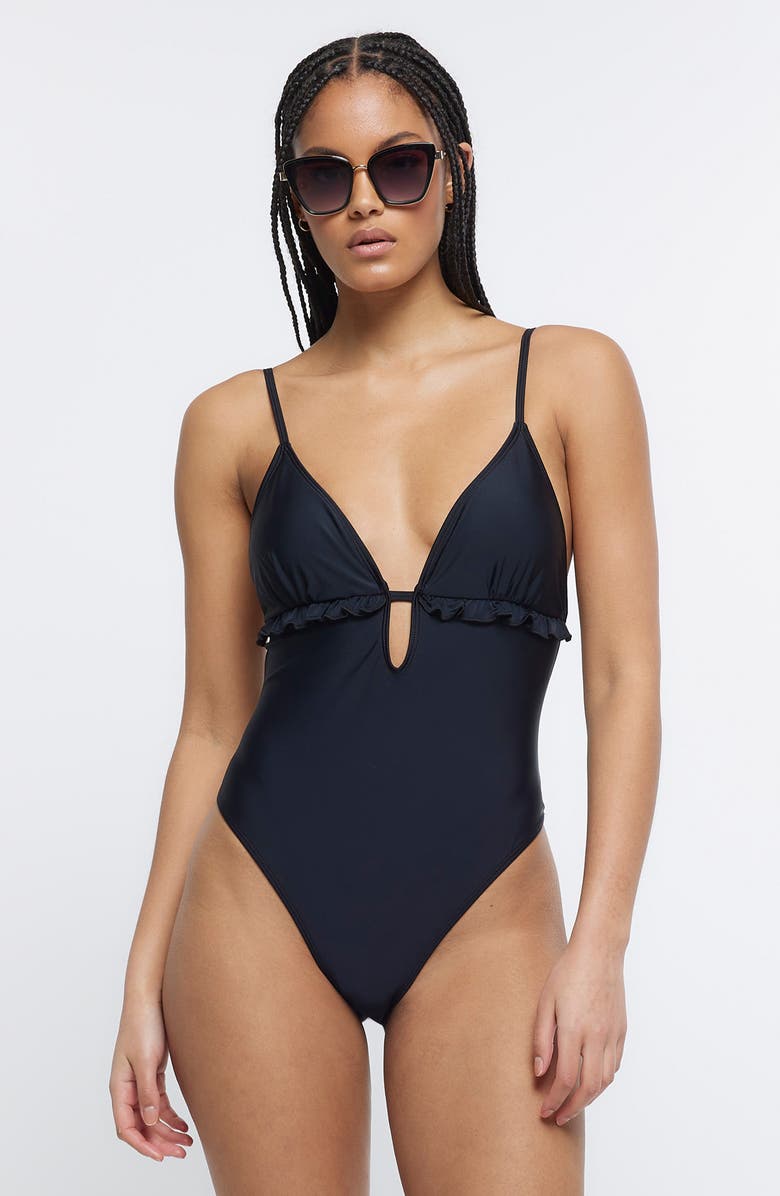 River Island Frill Plunge One-Piece Swimsuit, Alternate, color, 