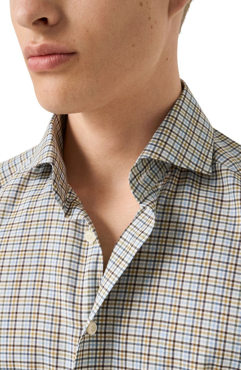 Eton Contemporary Fit Mixed Check Cotton Flannel Dress Shirt, Alternate, color, Blue/ Brown Multi