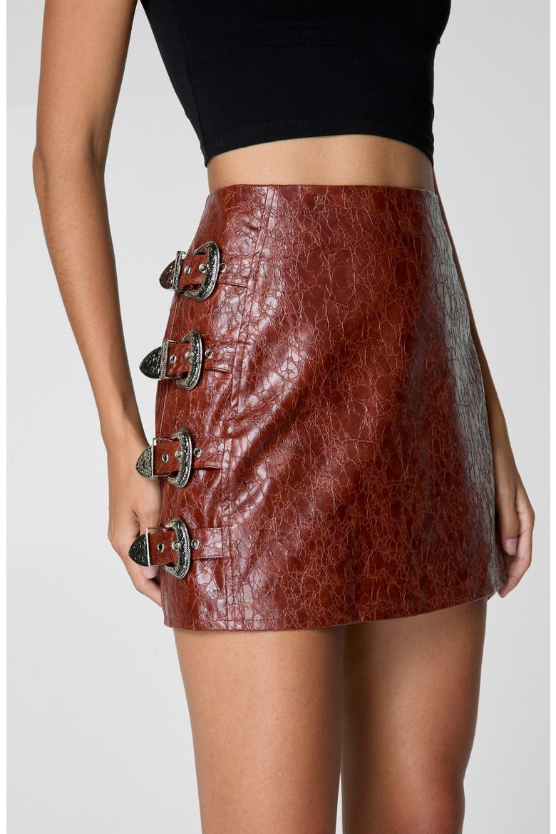 Buckle Distressed Faux Leather Miniskirt, Alternate, color, RUST