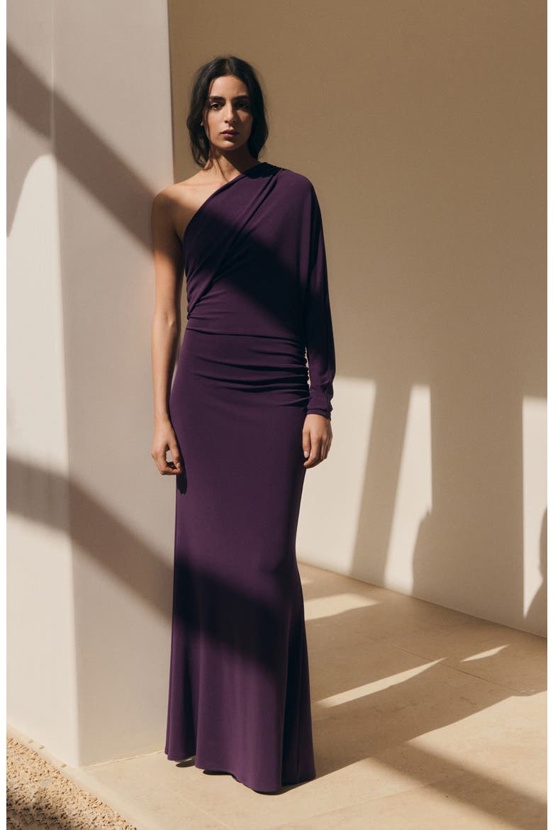 One-Shoulder Ruched Jersey Dress, Alternate, color, PURPLE