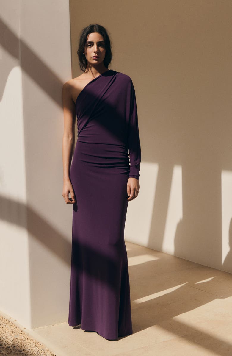 MANGO One-Shoulder Ruched Jersey Dress, Alternate, color, Purple