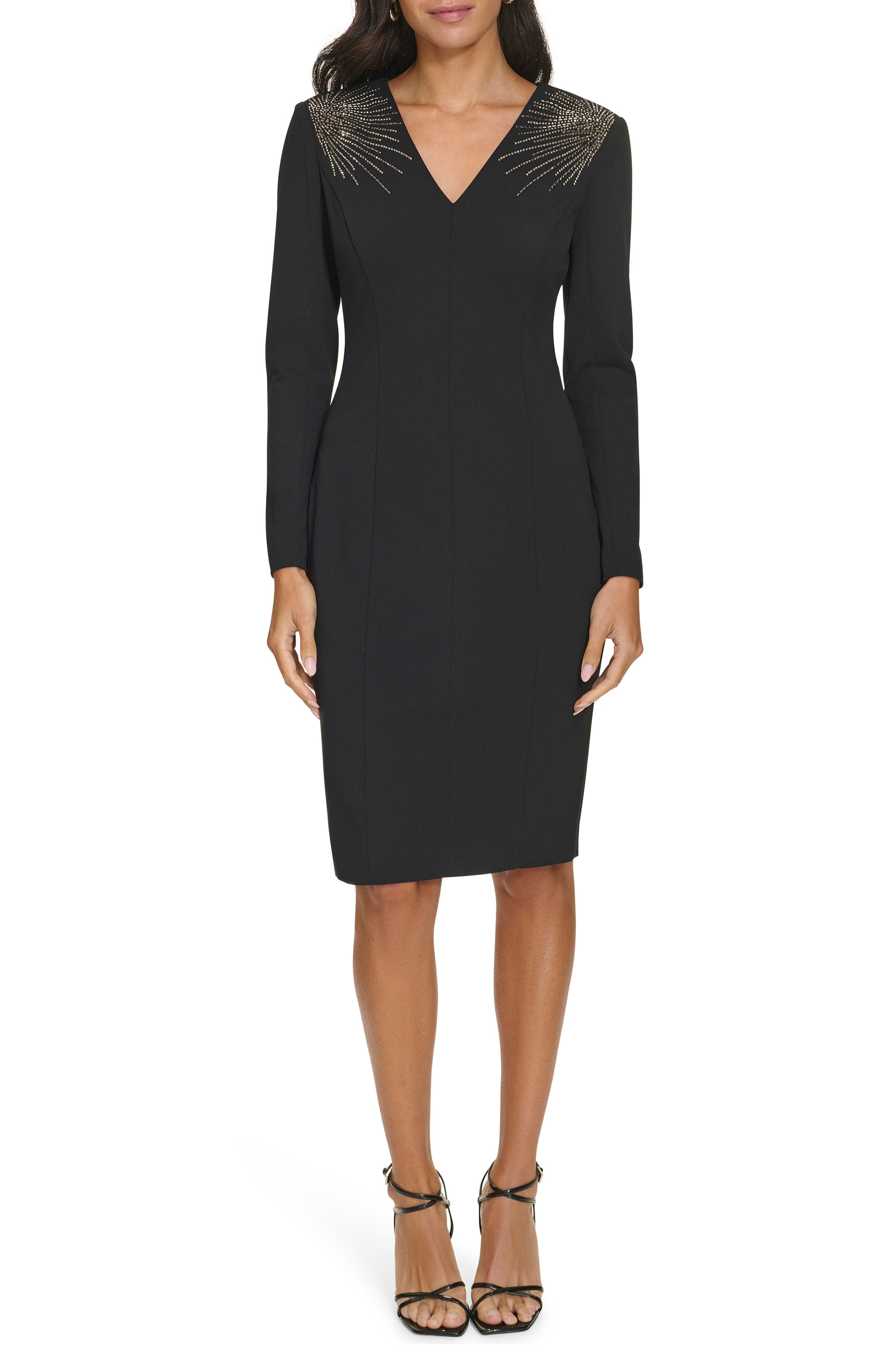 Calvin Klein Embellished Shoulder Long Sleeve Sheath Dress