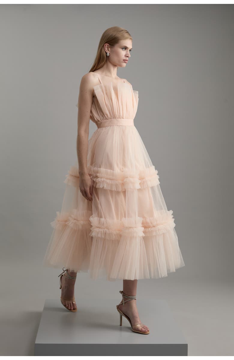 Karen Millen Tulle Bandeau Tiered Midi Dress, Alternate, color, Blush