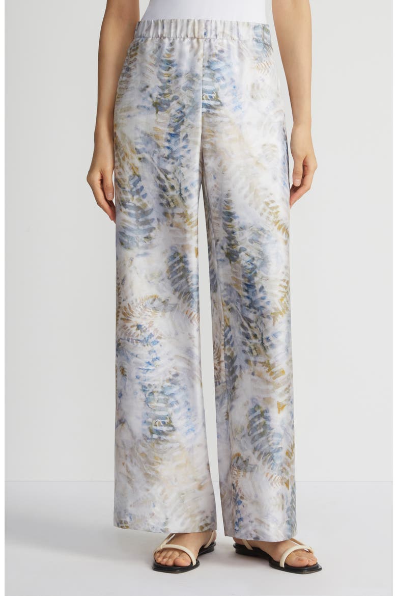 Riverside Fern Print Silk Twill Wide Leg Pants, Main, color, BLUESTONE MULTI