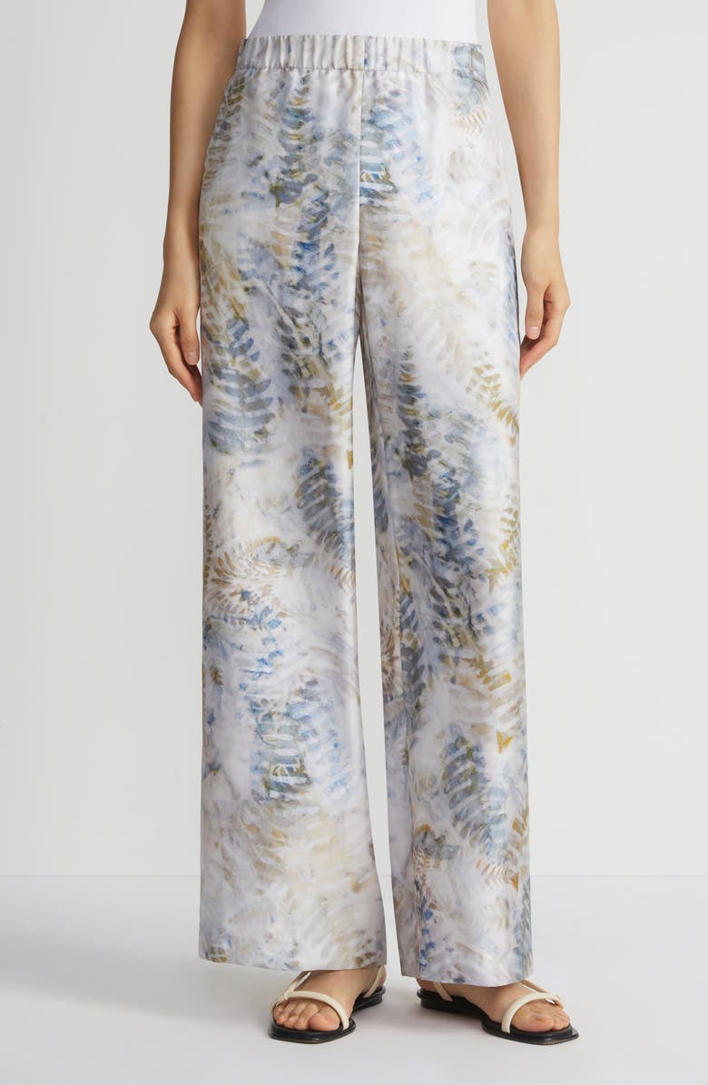 Lafayette 148 New York Riverside Fern Print Silk Twill Wide Leg Pants, Main, color, 