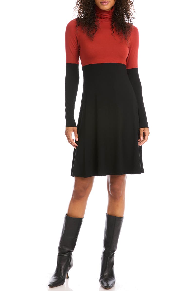 Karen Kane Colorblock Long Sleeve Turtleneck Jersey Dress, Main, color, Black With Brick