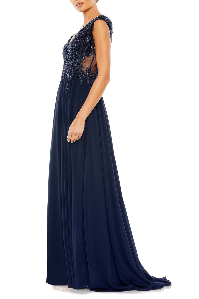 Appliqued Cap Sleeve Bodice Flowy Gown, Alternate, color, NAVY