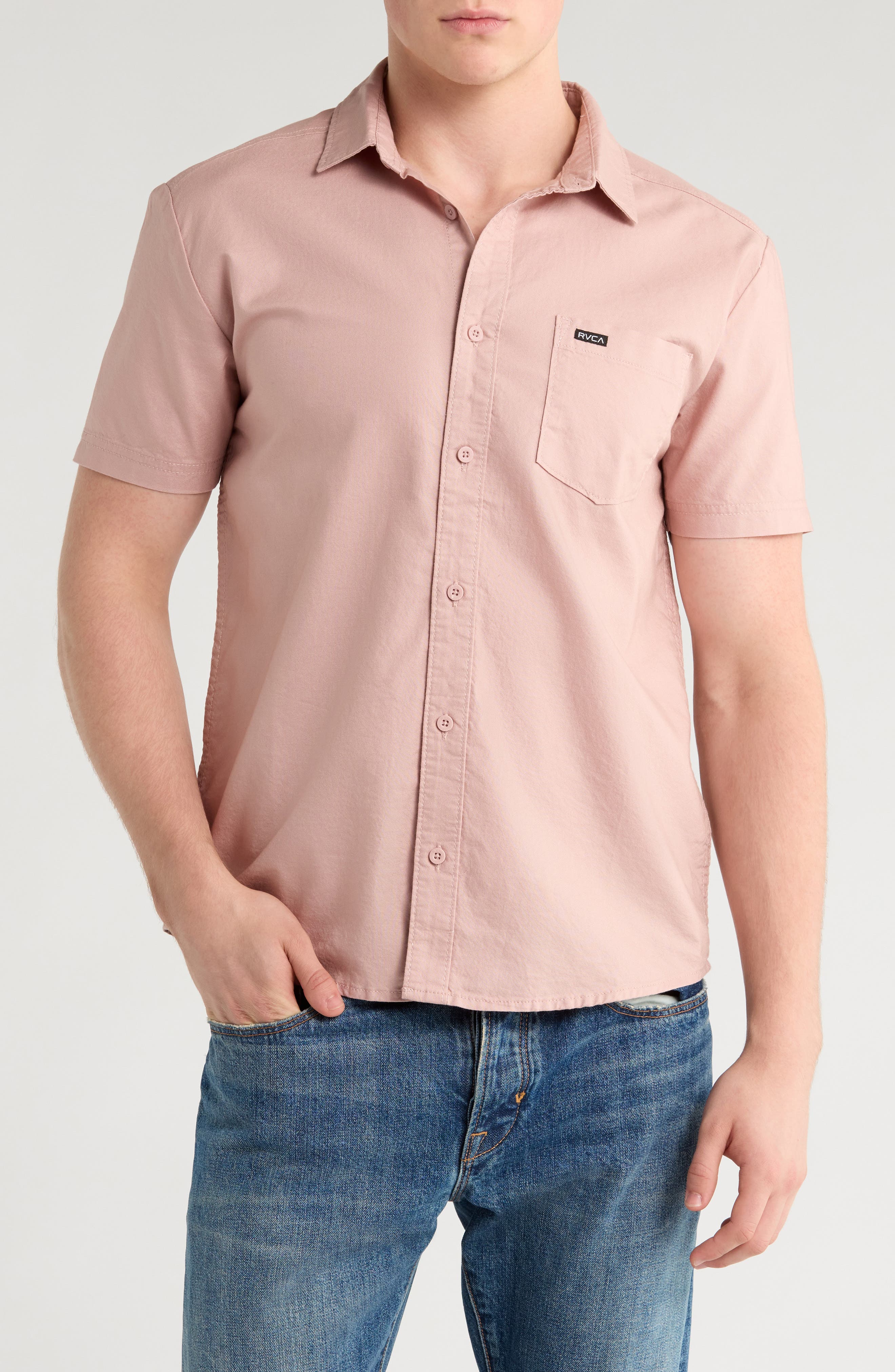 RVCA Douglas Solid Short Sleeve Cotton Button-Up Shirt