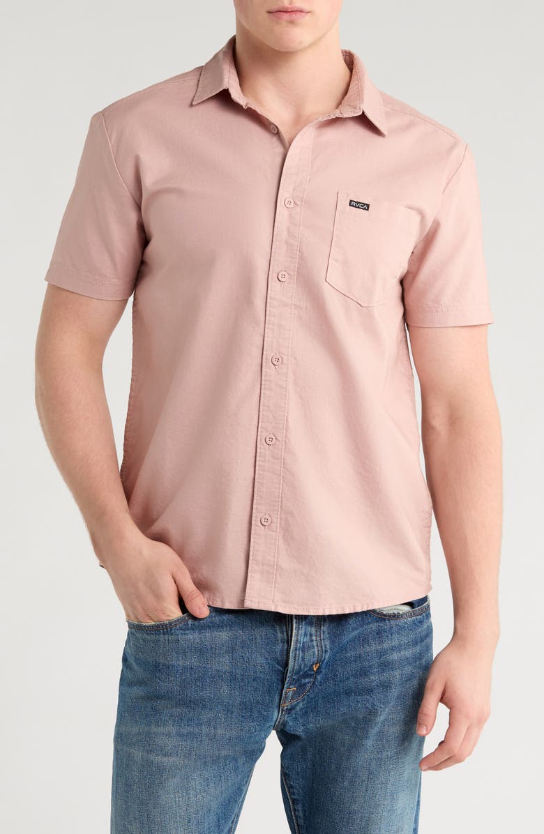 RVCA Douglas Solid Short Sleeve Cotton Button-Up Shirt, Main, color, Faded Rose