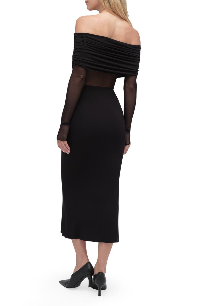 The New Era Ruched Off the Shoulder Long Sleeve Midi Dress, Alternate, color, BLACK
