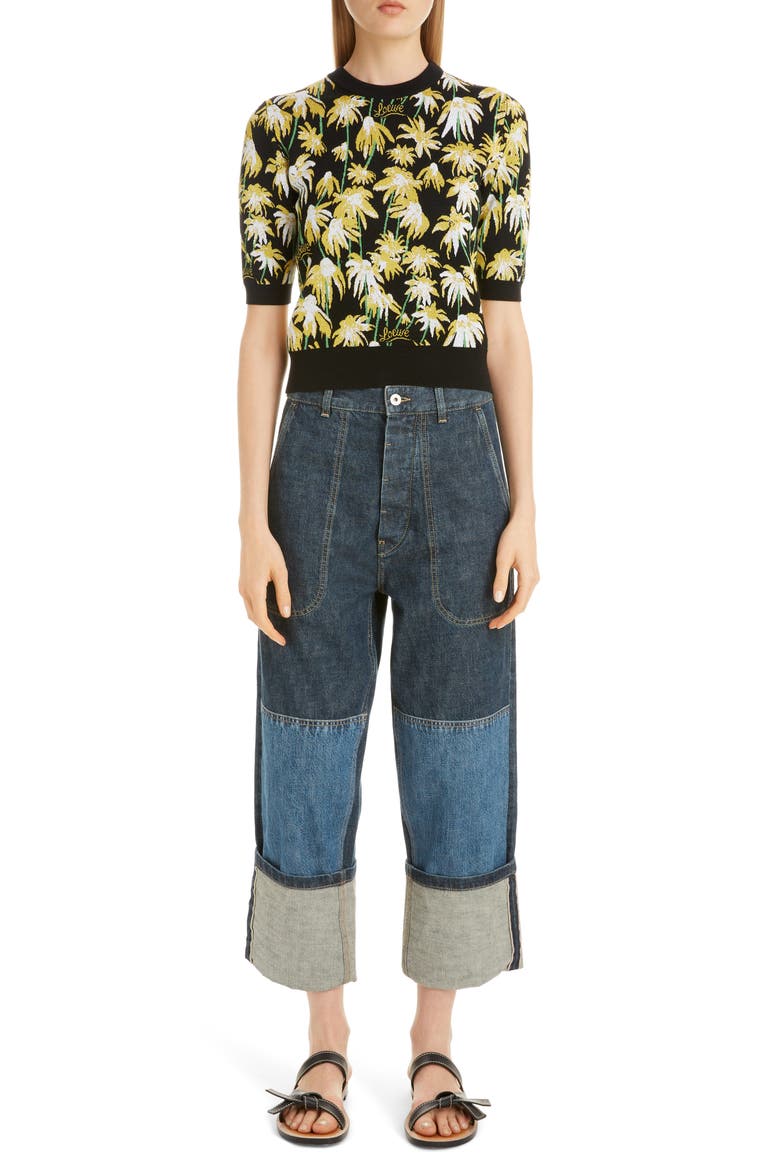Daisy Jacquard Crop Sweater, Alternate, color, BLACK/ YELLOW