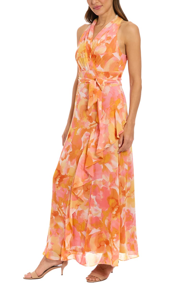 London Times Floral Ruffle Sleeveless Chiffon Maxi Dress, Alternate, color, Peach/ Yellow