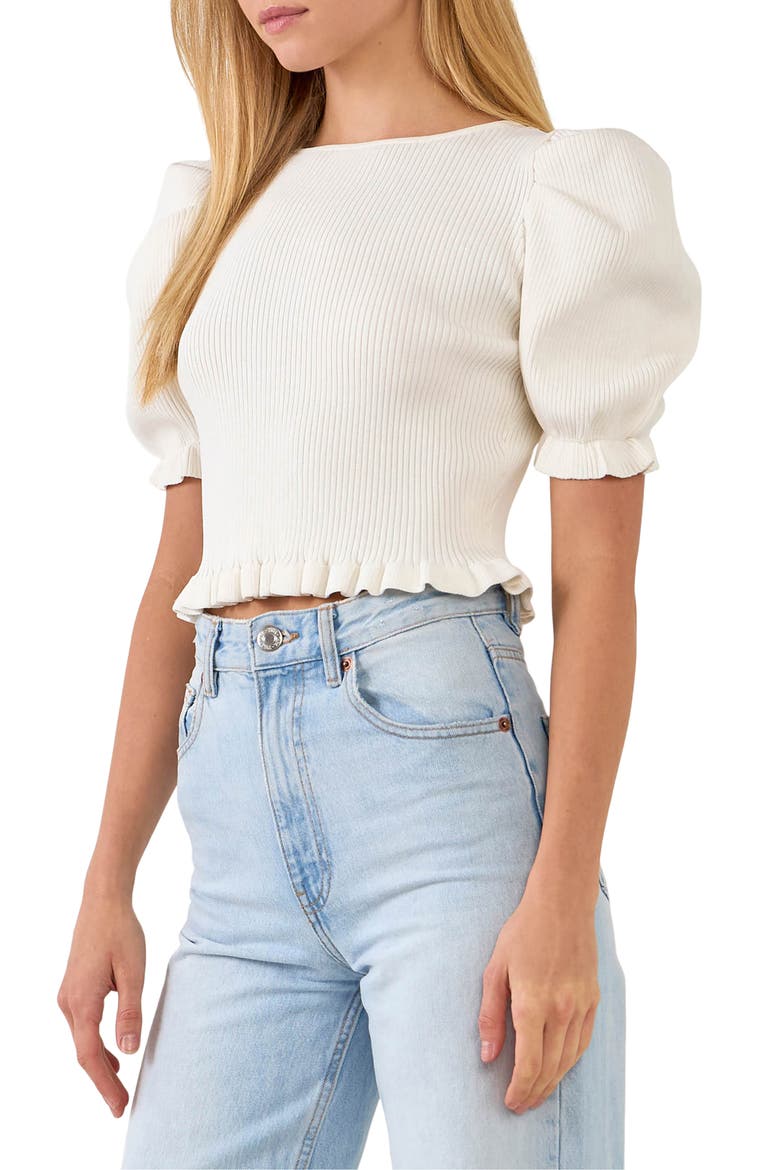 Puff Sleeve Open Back Knit Top, Alternate, color, WHITE