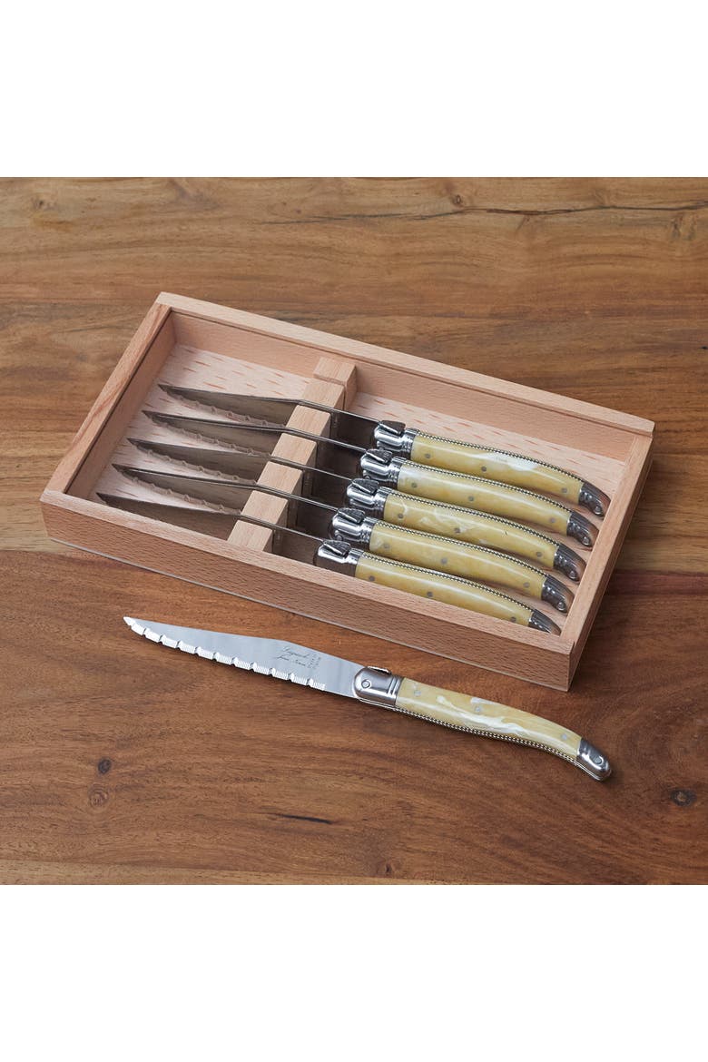 6 Piece Steak Knife Set, Platine Pale Horn in Wood Box with Acrylic Lid, Alternate, color, Beige
