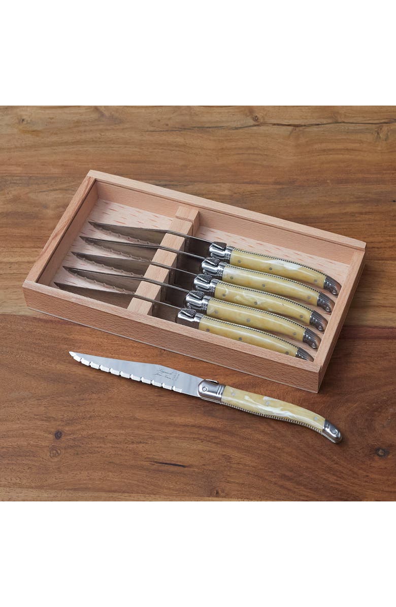 Be Home Laguiole 6 Piece Steak Knife Set, Platine Pale Horn in Wood Box with Acrylic Lid, Alternate, color, Beige
