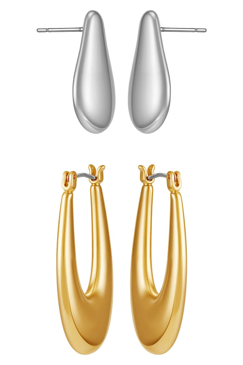 Set of 2 Two-Tone Teardrop & Oval Hoop Earrings, Alternate, color, TWO TONE