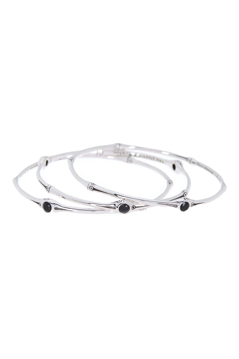 Sterling Silver Black Chalcedony Bamboo-Textured Bangle Bracelet - Set of 3, Main, color, BLACK