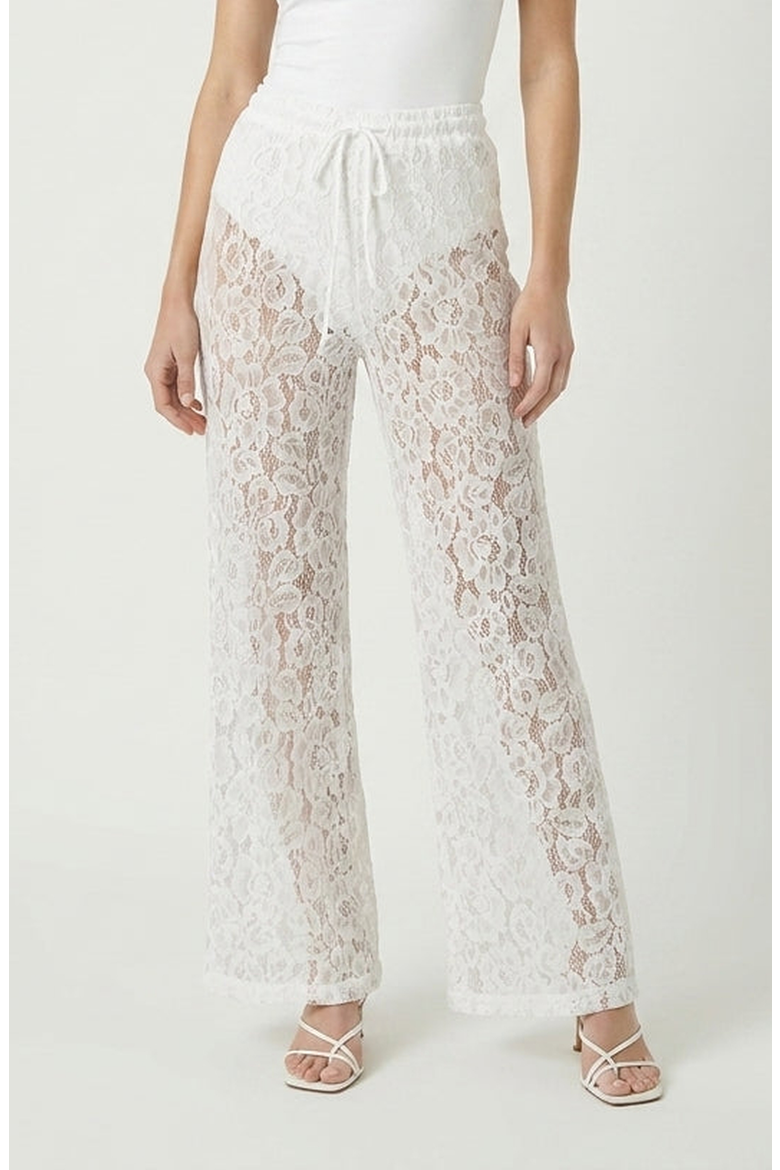 High Waist Lace Pants with Sheer Floral Overlay and Drawstring Waist, Main, color, White