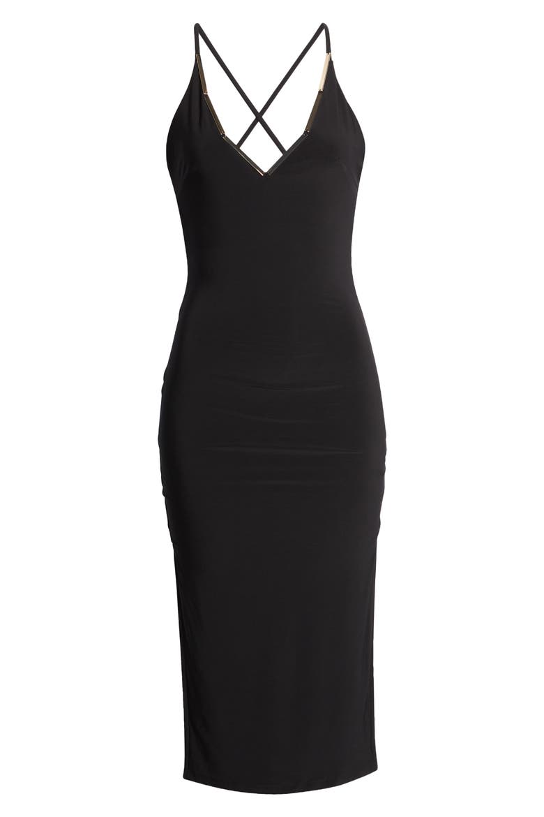 Golden Bar Halter Body-Con Midi Dress, Alternate, color, BLACK/ GOLD