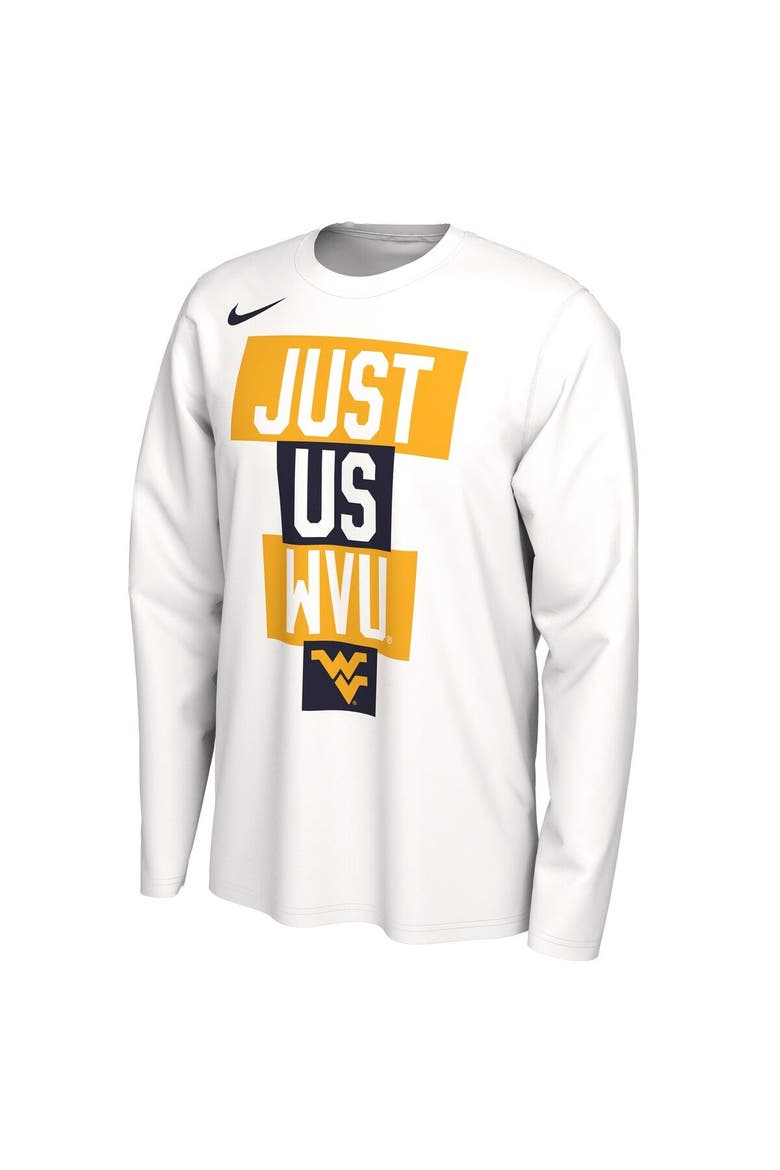Men's Nike White West Virginia Mountaineers 2021 Postseason Basketball JUST US Bench Legend Long Sleeve T-Shirt, Alternate, color, White