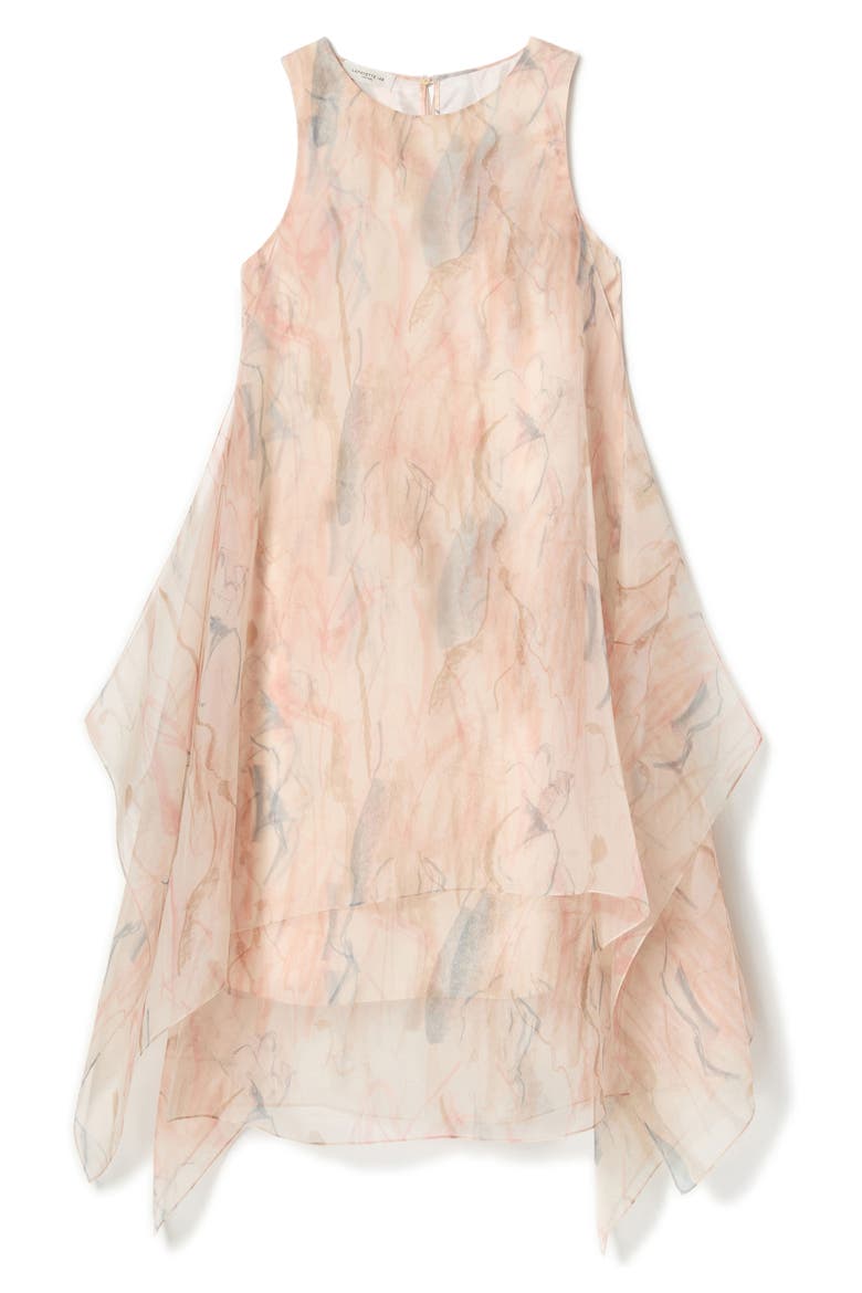 Gesture Print Layered Handkerchief Hem Silk Organza Dress, Alternate, color, RAFFIA MULTI