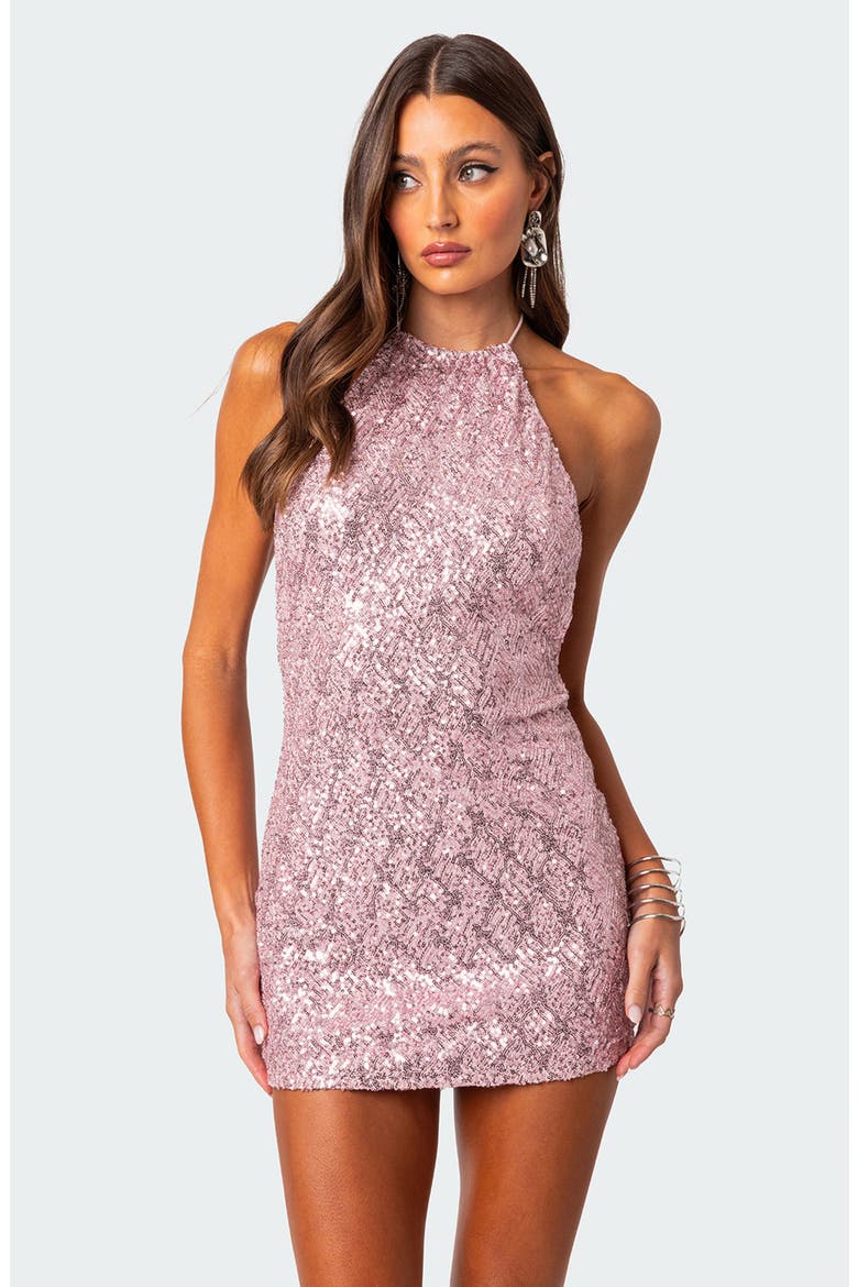 Sequin Halter Minidress, Alternate, color, PINK