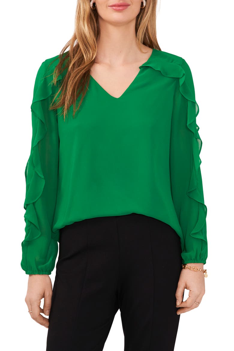 Ruffle Sleeve V-Neck Blouse, Main, color, LUSH GREEN