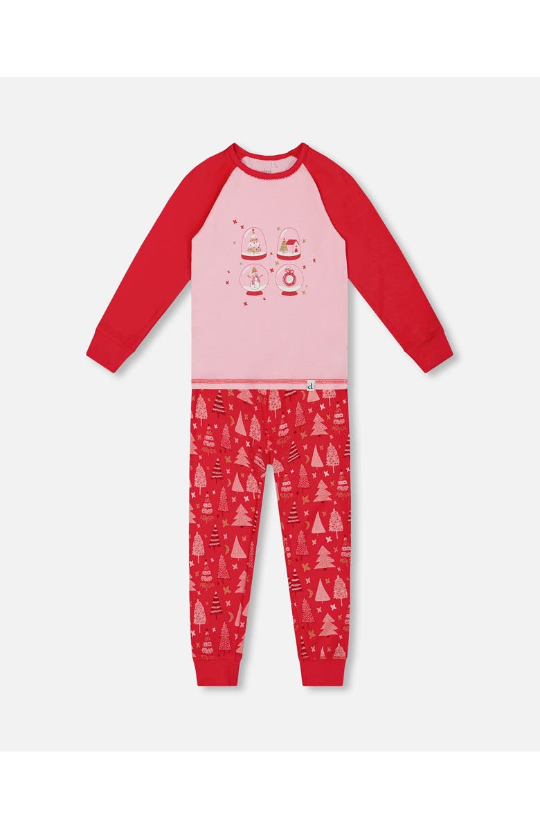Deux par Deux Girl's Organic Cotton Two Piece Pajama Set Red Printed Christmas Tree, Main, color,