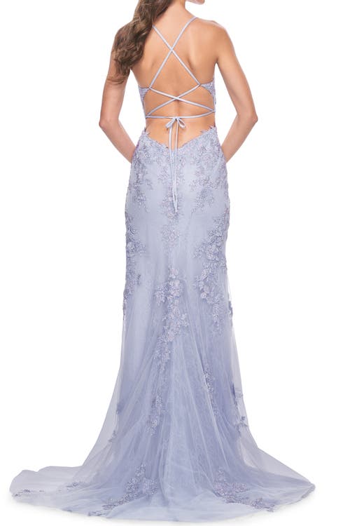 La Femme Stunning Long Prom Gown With Lace Lining In Light Periwinkle In Purple