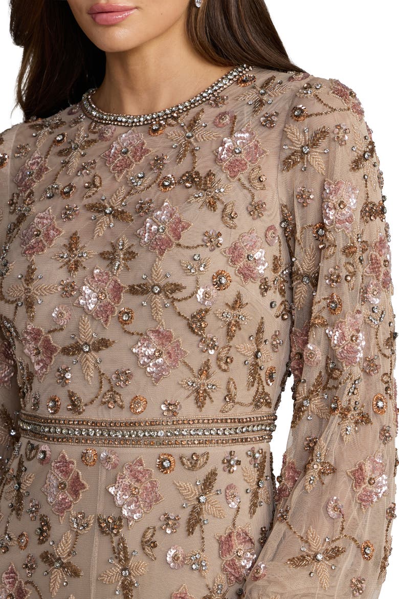 Sequin Mesh Blouson Long Sleeve A Line Gown, Alternate, color, Taupe