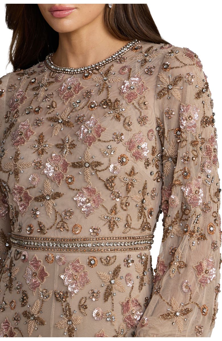 Mac Duggal Sequin Mesh Blouson Long Sleeve A Line Gown, Alternate, color, Taupe