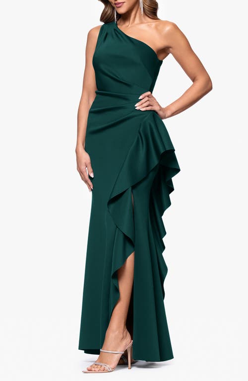Xscape Evenings One-shoulder Ruffle Scuba Crepe Gown In Green