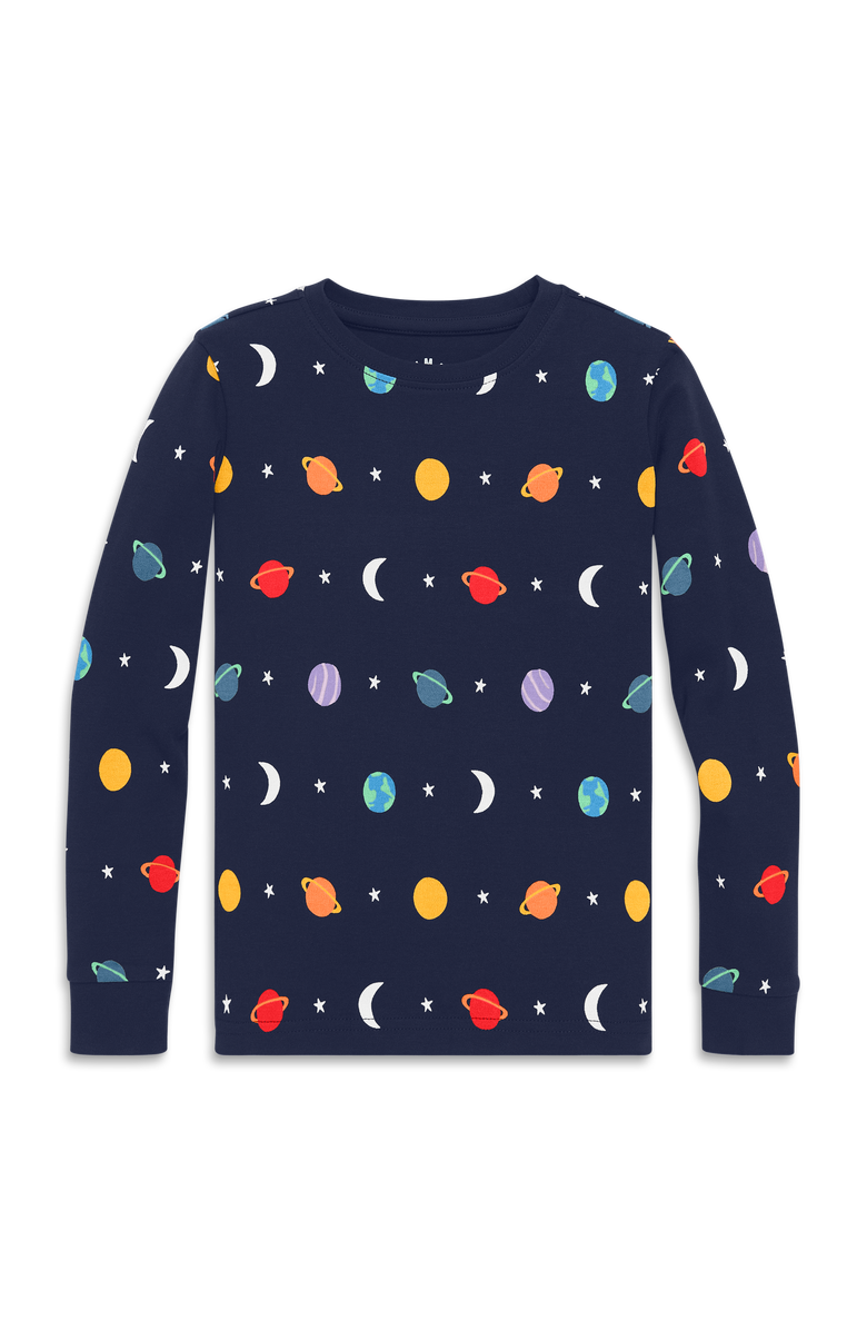 Primary Kids Organic Long Sleeve PJ Top in Rainbow Galaxy, Main, color, Navy Planets